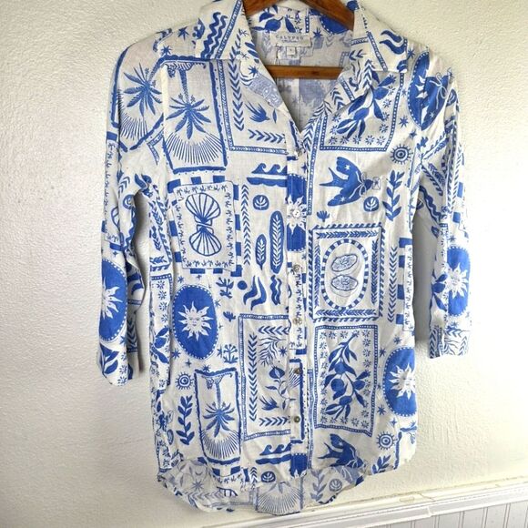 Women's Calyspo Blue and White Graphic Linen Blend Button-Up Shirt Sizs Small - Picture 2 of 11